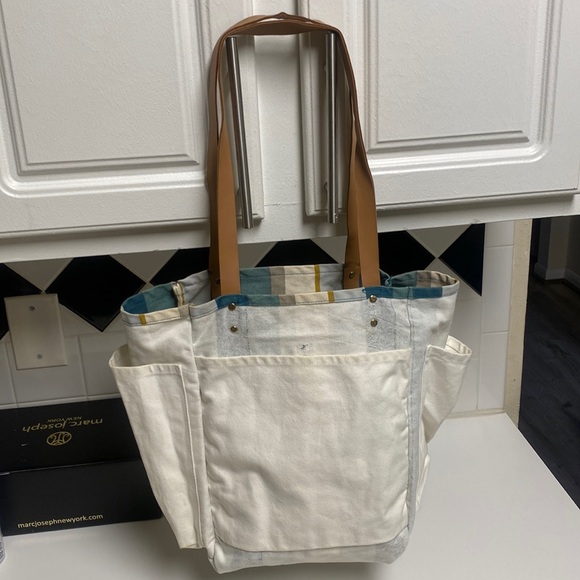 FEED Projects Canvas Market Tote Sea Blue Shopping Leather Straps Bag - Picture 7 of 16